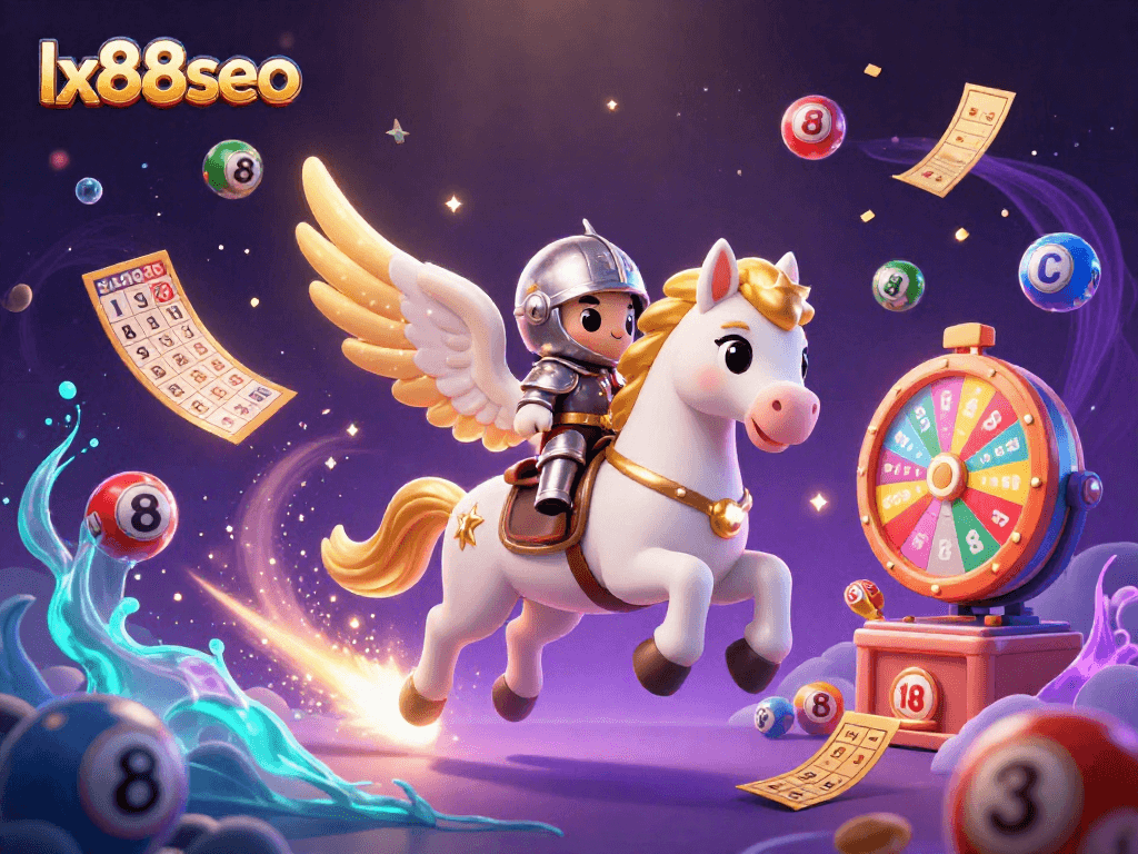 Play winning games at lx88seo with a cosmic-themed luck-inspired illustration surrounded by vibrant gambling elements.