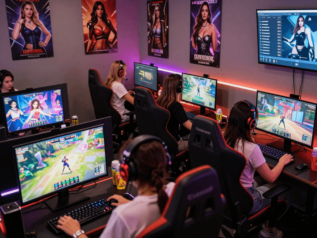 Group of female gamers enjoying a thrilling female porn game, showcasing vibrant graphics and empowered engagement in a modern gaming environment.