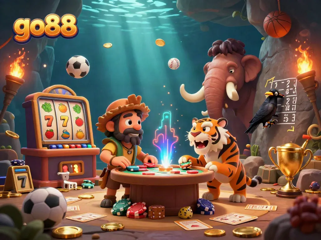 Discover the fun at go88 with 3D characters managing an ancient casino, celebrating wins amidst colorful slots and gold.