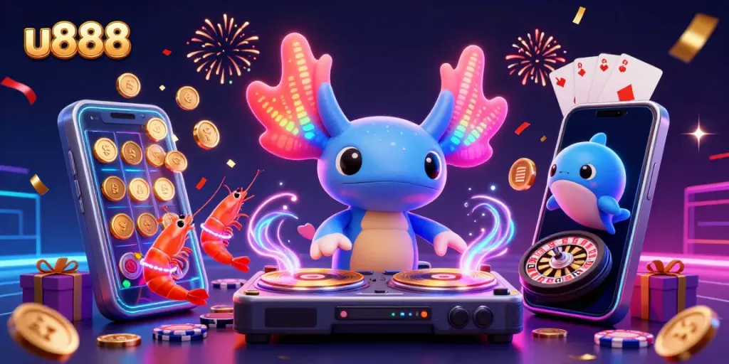 Engage in thrilling gameplay with u888, featuring a vibrant 3D casino scene with animated characters and immersive slot game elements.