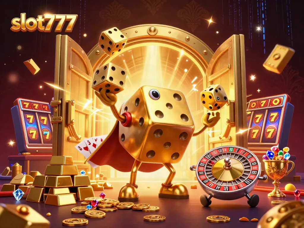 Spin to win with slot777 in a vibrant 3D casino scene filled with golden treasures.
