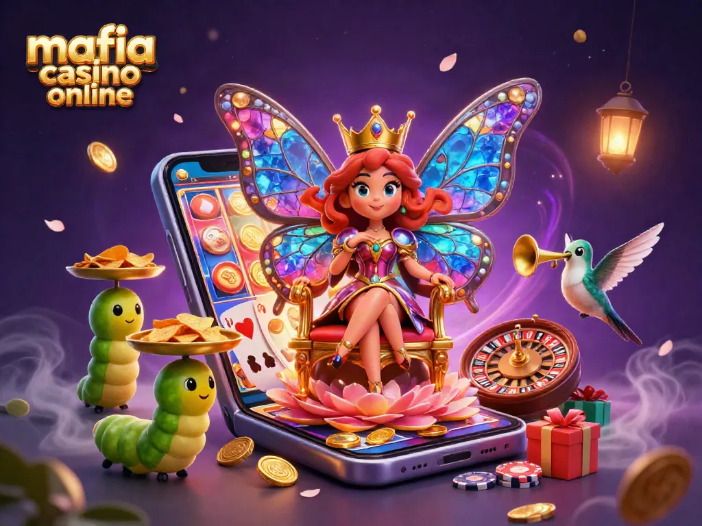 Engage with mafia casino online's vibrant gaming scene featuring fluttering butterflies and golden chips.
