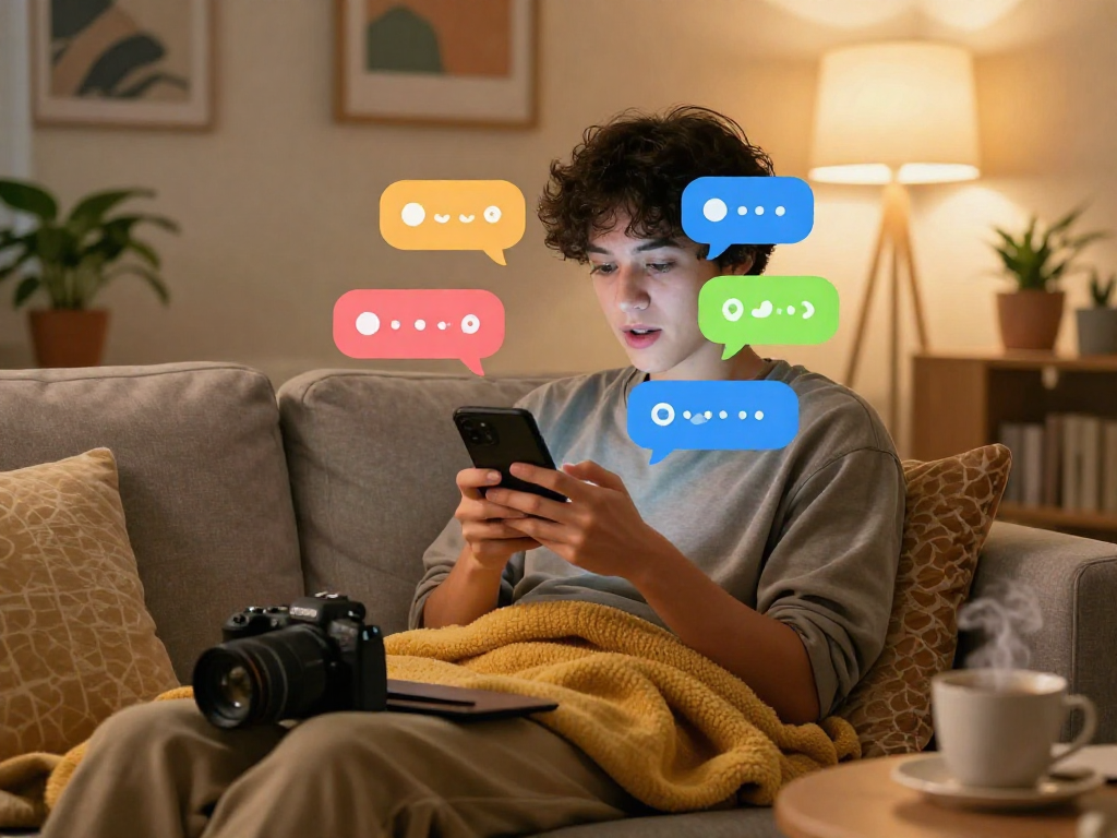 Experience dirty chat AI in a cozy digital communication scene with vibrant chat bubbles.