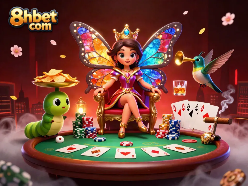 Engage with 8xbet com through vivid gaming scenes with vibrant characters and rich casino elements.