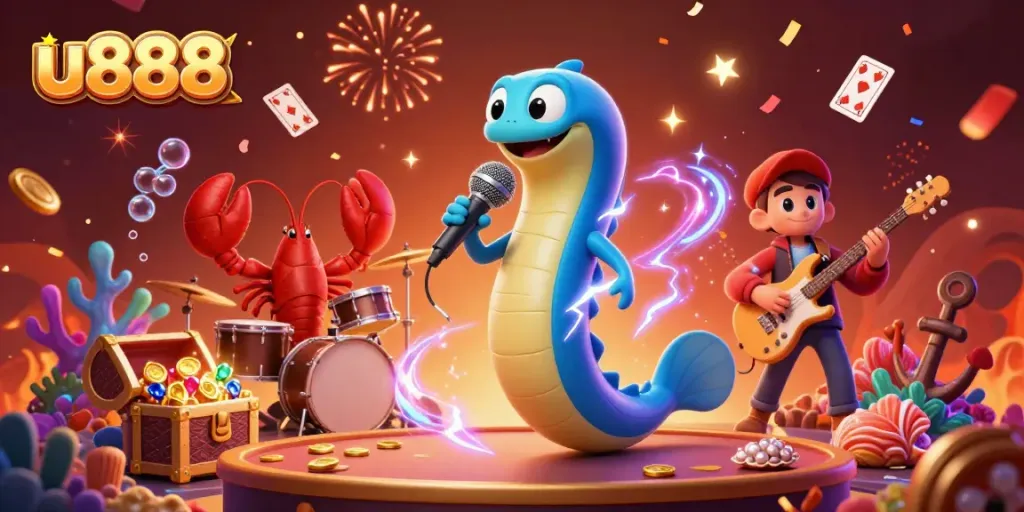 Experience the excitement of u888 as an electric eel DJ entertains underwater in a vibrant casino.