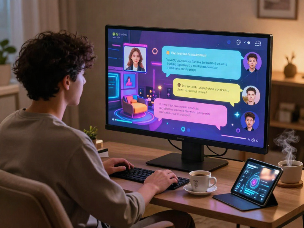 User engaging in AI NSFW chat in a vibrant virtual environment.