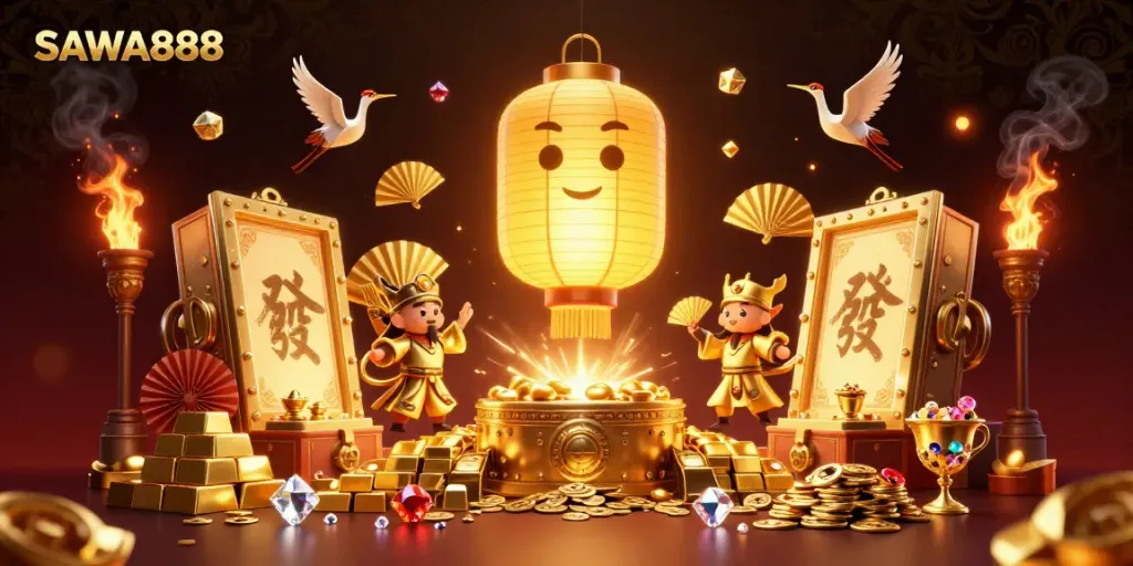 Engage with vibrant casino luck at SAWA888, showcasing golden treasures and mystical lanterns.