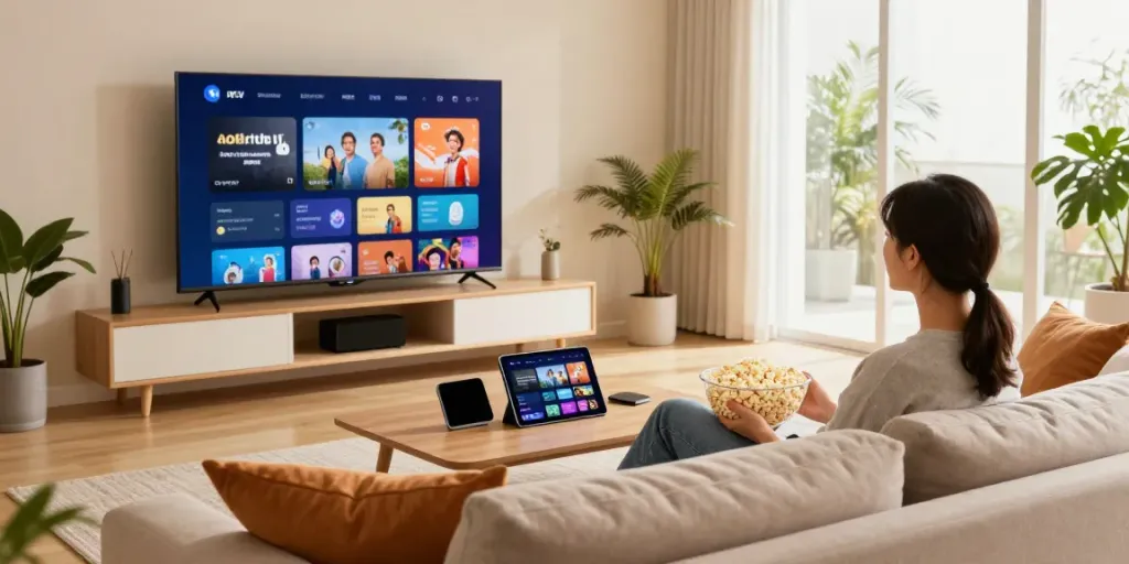 Cozy living room with family enjoying IPTV Italia on smart TV, relaxed atmosphere.