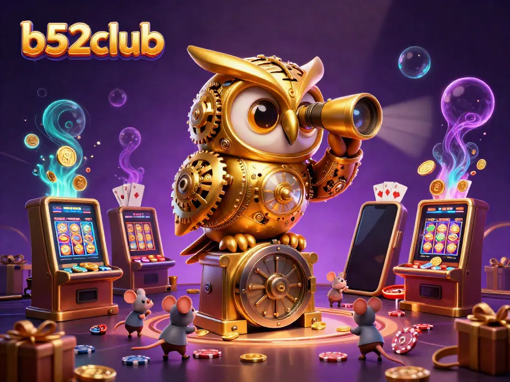 Experience thrilling gameplay at b52club with a whimsical casino scene featuring an owl and charming mice.