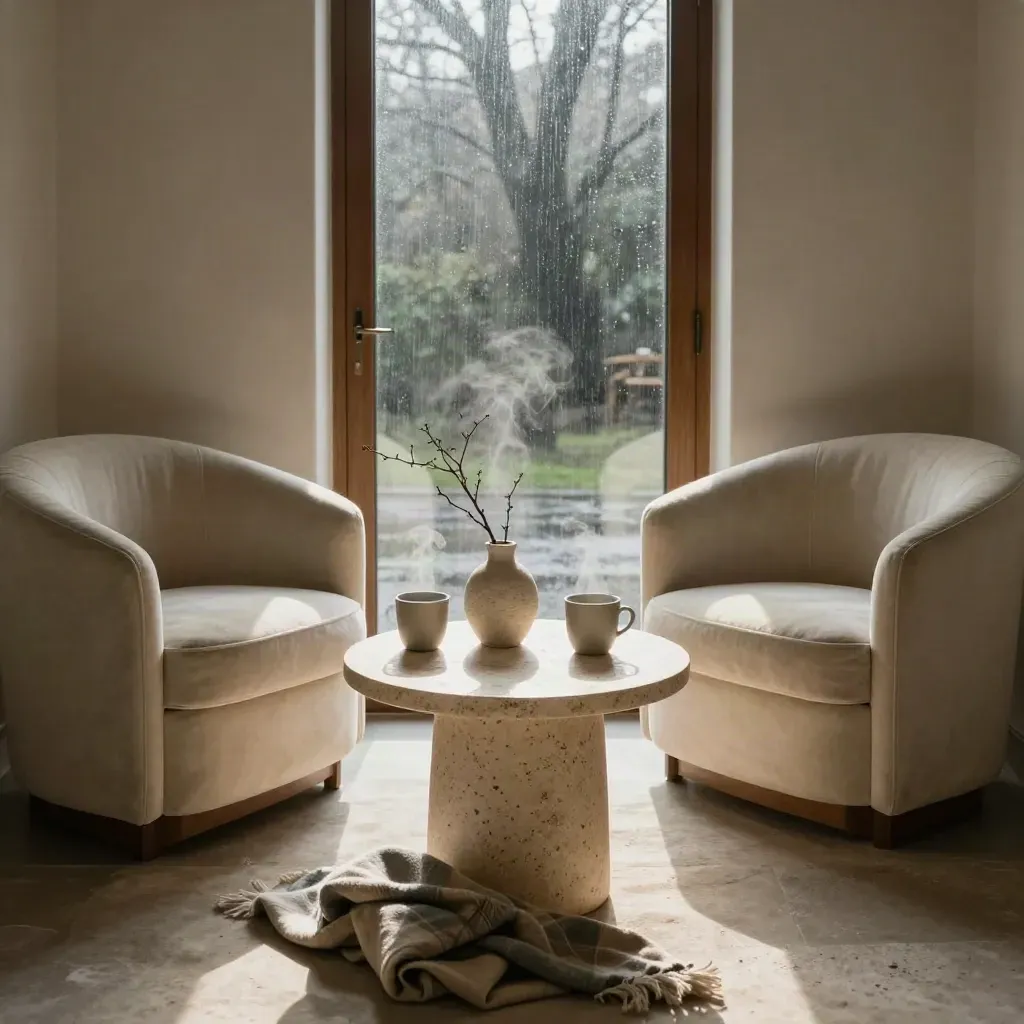 Salotto consulenza intimo con poltrone in velluto, tavolino in travertino e luce dopo la pioggia.