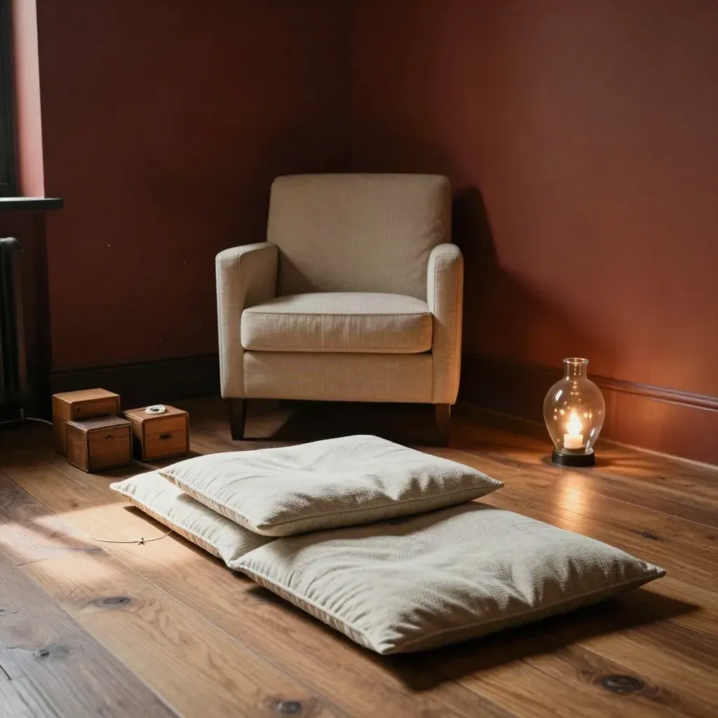 Angolo caldo di coaching con sedia, cuscini bassi, scatole di legno e lampada in vetro.
