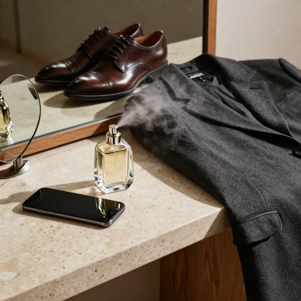 Profumo, blazer, scarpe lucide e specchio su console d’ingresso in stile elegante.