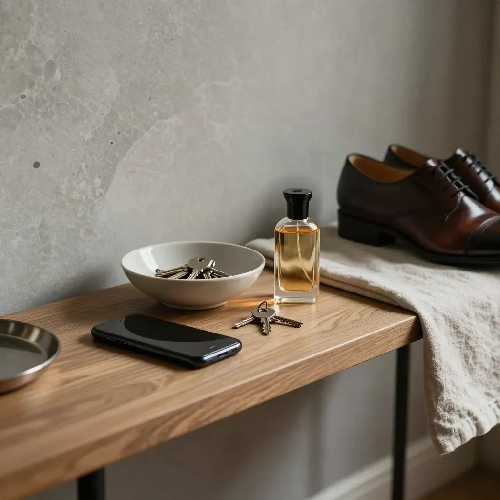 Ingresso elegante con console, chiavi, profumo, telefono spento e scarpa lucida.