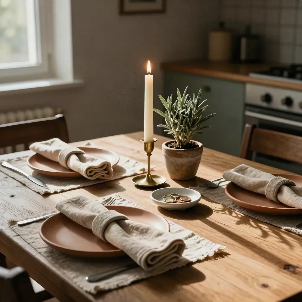 Tavolo domestico per due con candele, lino, pianta in vaso e luce calda serale.