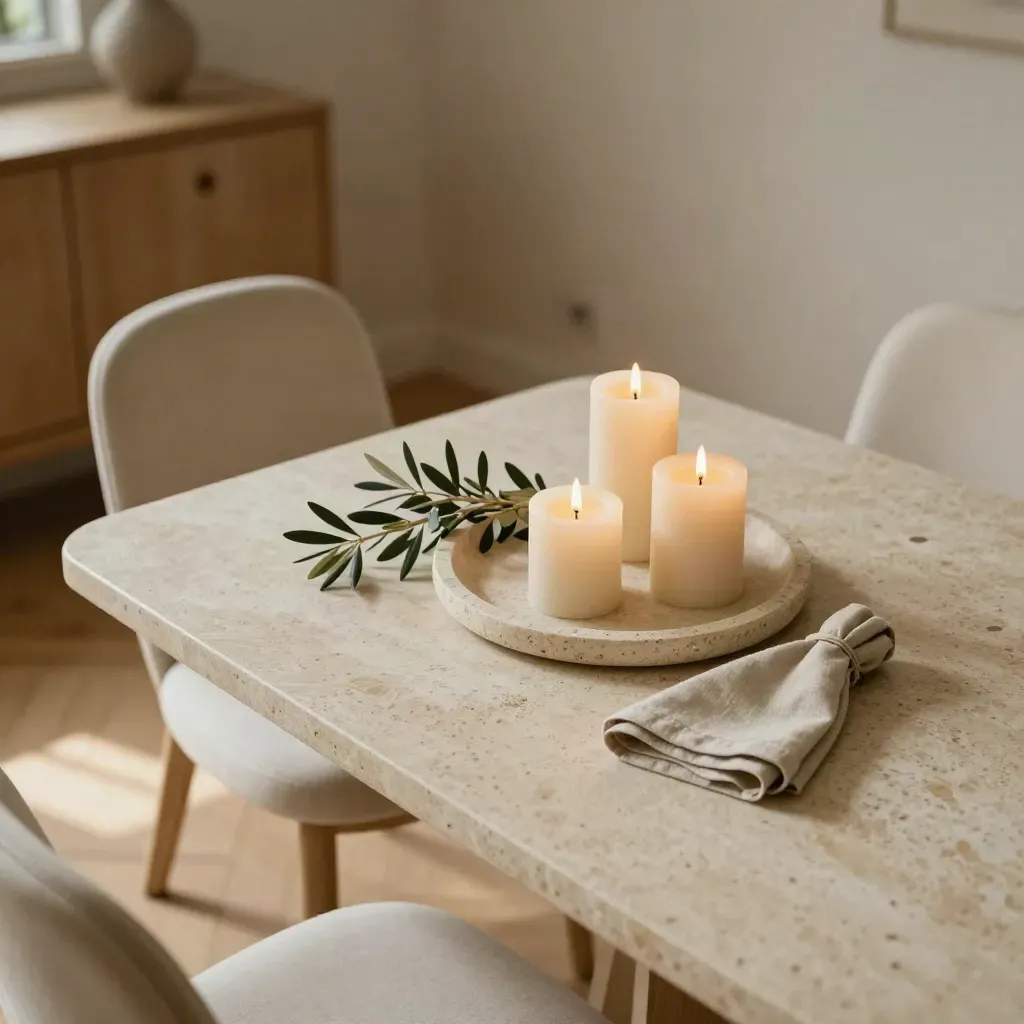 Sala da pranzo intima dall’alto con due sedie, candele spente, vassoio in pietra e rami salvia.