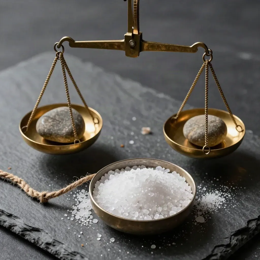 Bilancino in ottone, ciottoli gemelli e sale su pietra scura, luce radente calda.