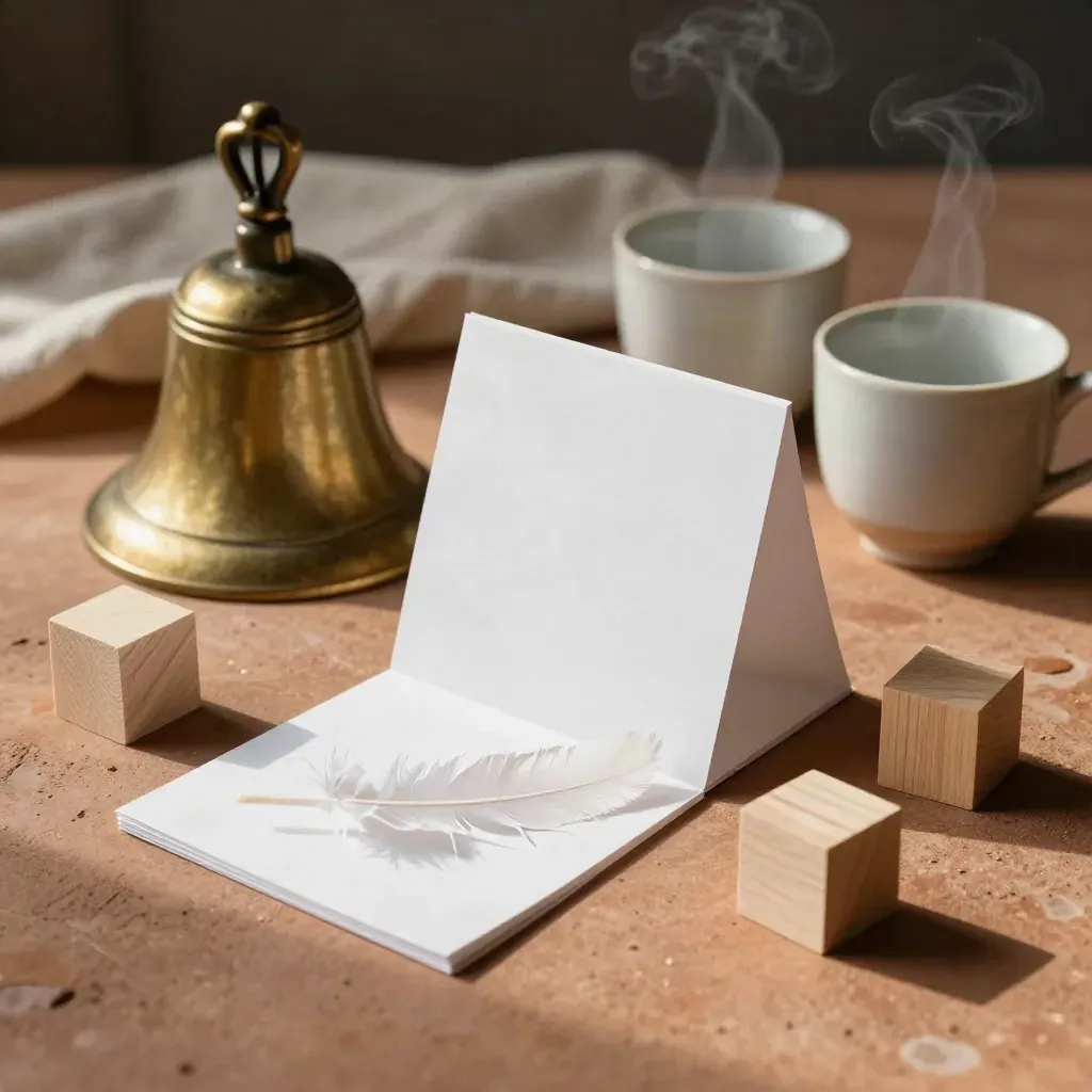 Campanello d’ottone, carte piegate, cubi di legno e due tazze basse su fondo caldo.