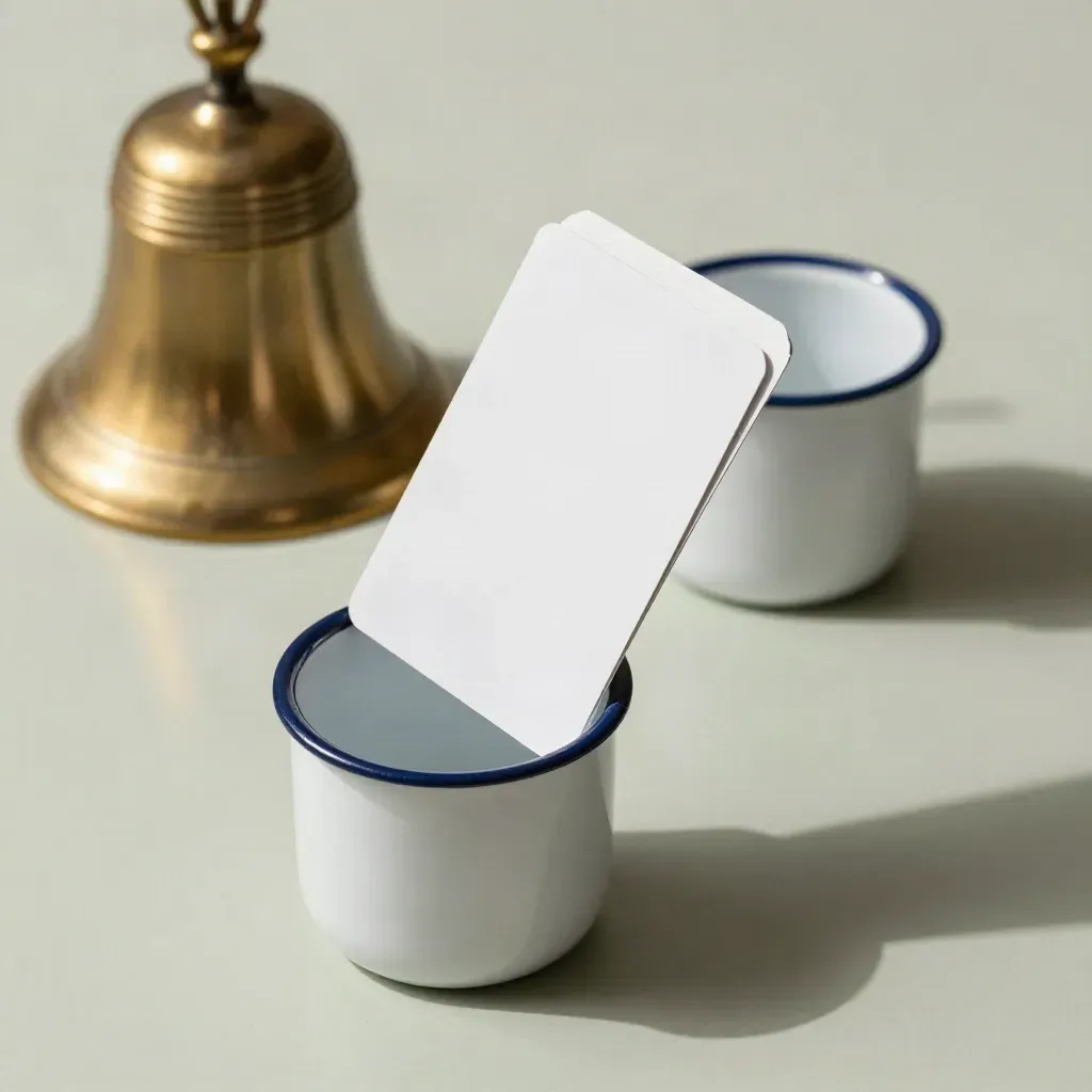 Campanello d’ottone, carte bianche e tazze smaltate su fondo chiaro con luce laterale.