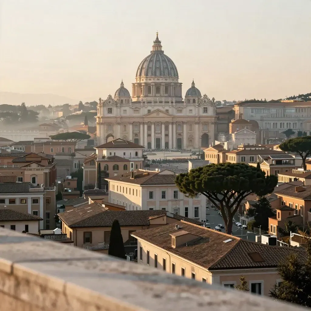 Roma all’alba con San Pietro alta nella foschia vista da Monte Mario