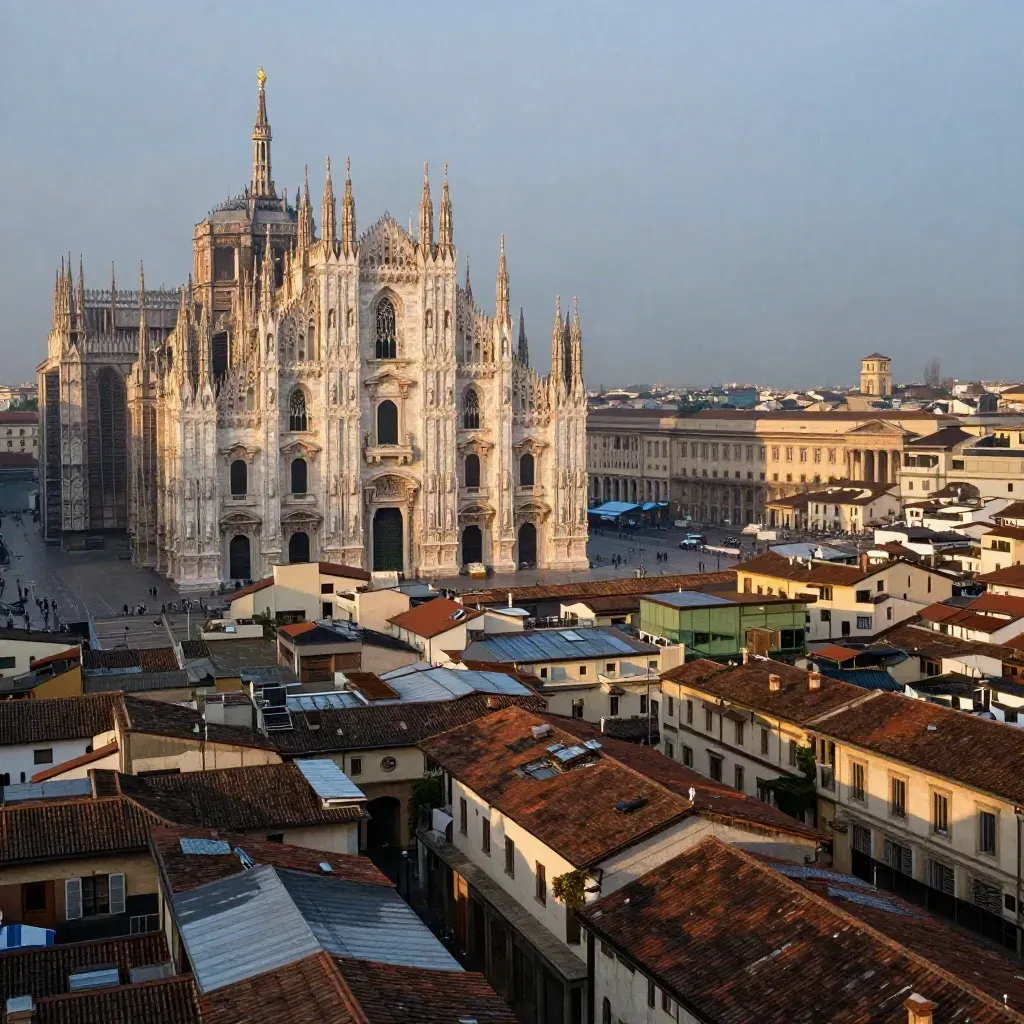 Duomo di Milano al crepuscolo sopra tetti umidi e cortili sfumati nella foschia