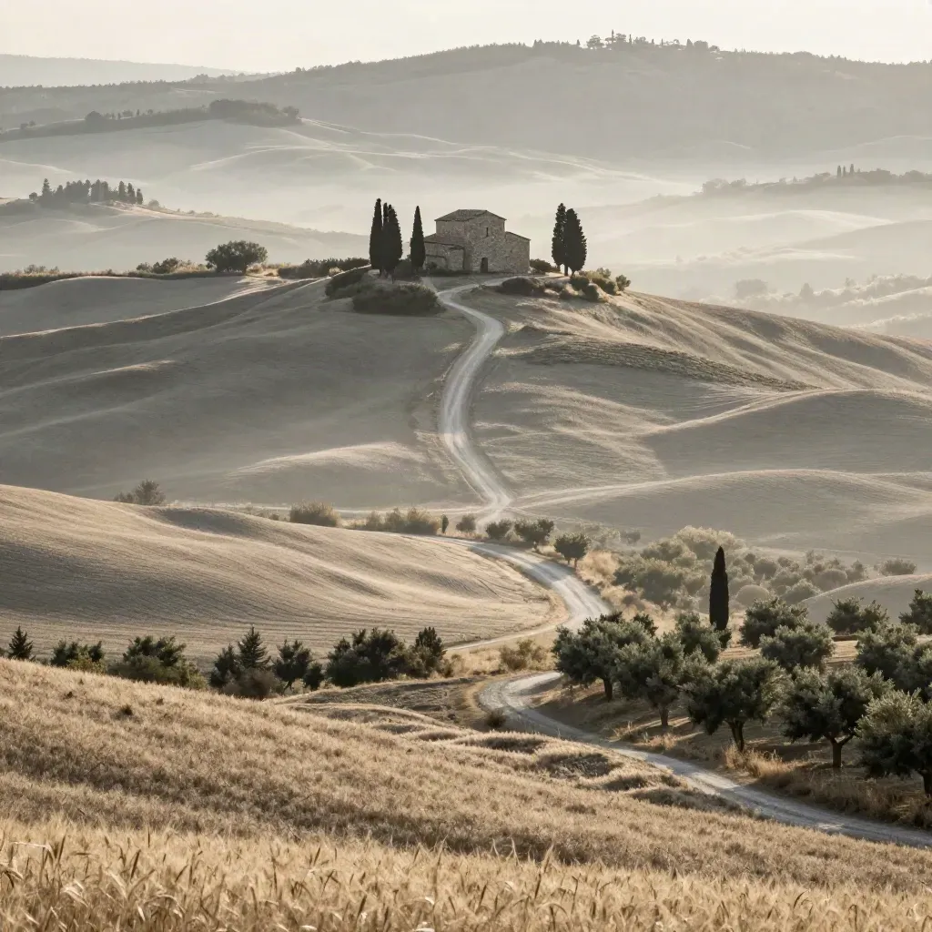 Cappella di Vitaleta nella Val d'Orcia, colline morbide e nebbia del mattino che si apre.
