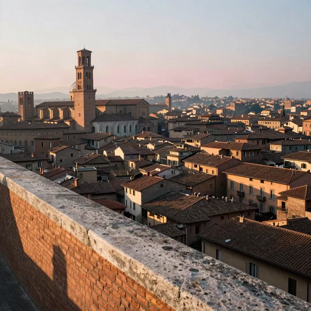 Bologna vista dalla collina di San Luca, tetti terracotta e foschia calda al pomeriggio.