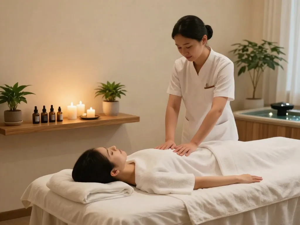 Relaxing 화성출장마사지 therapy room with soft lighting and essential oils.