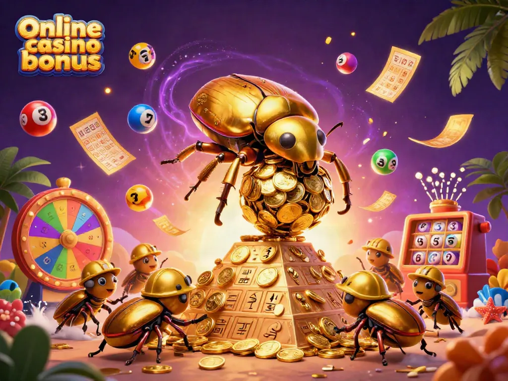 Experience the excitement of online casino bonus with a golden dung beetle scene filled with vibrant casino elements.