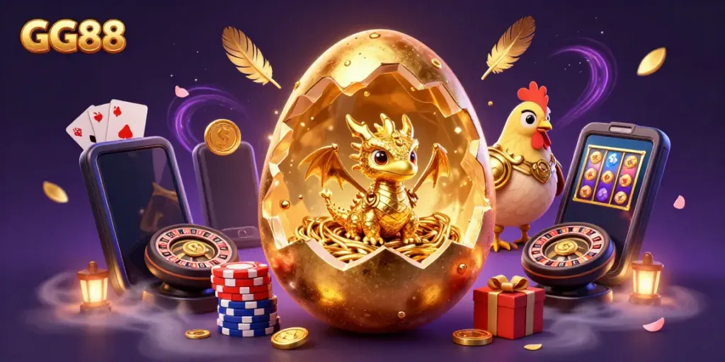 Watch the golden dragon emerge in stunning detail from its nest of poker chips at GG88, surrounded by dynamic gambling elements.