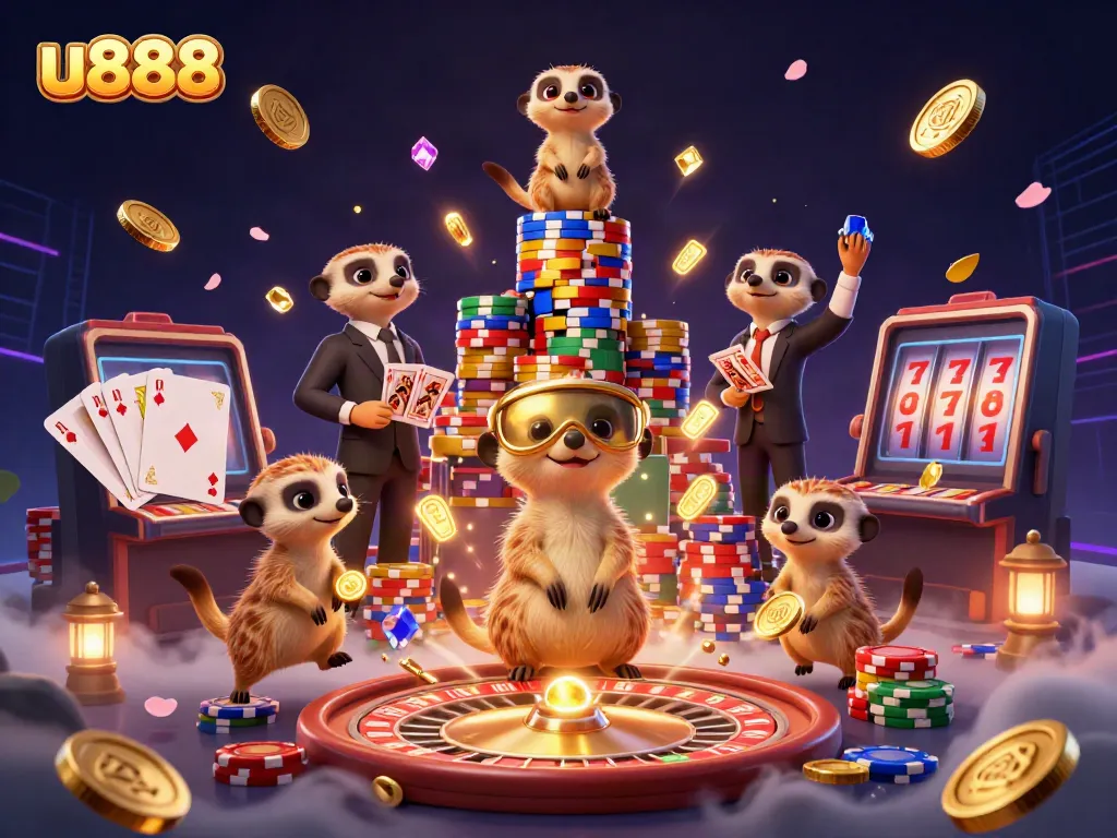 Experience the vibrant energy of u888 in this lively casino scene with meerkats expertly handling games.