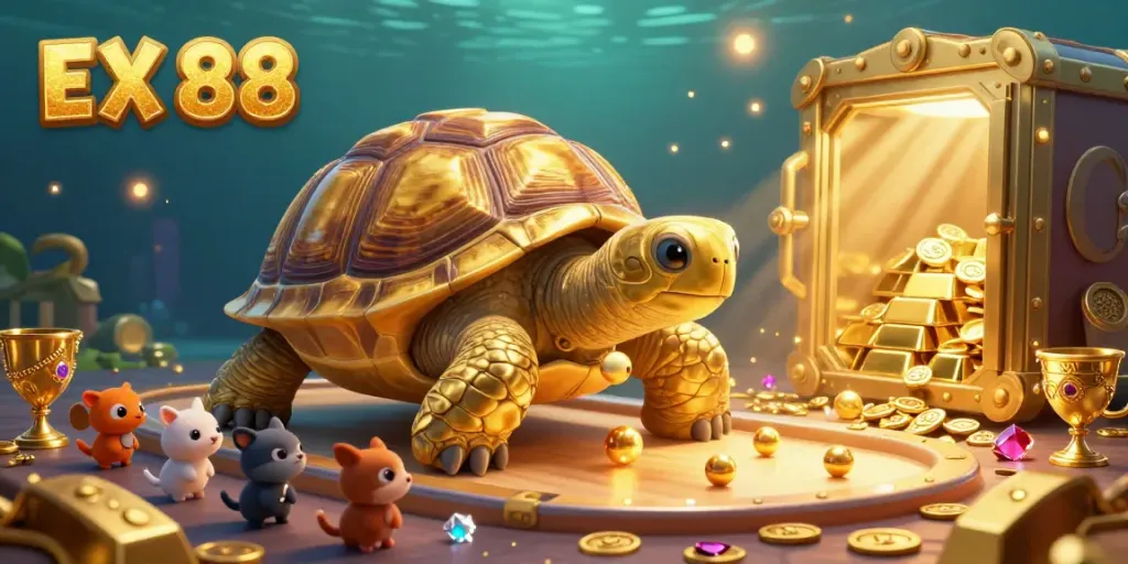 Experience gambling excitement with the EX 88 tortoise pinball and treasure scene.
