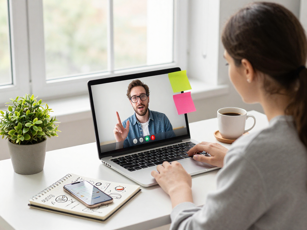 Engaging spicychat discussion in a modern home office setup with video call.