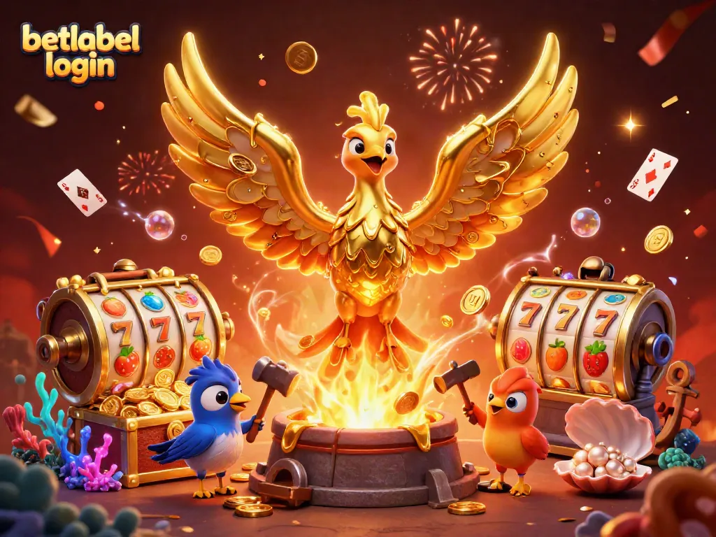 Engage with betlabel login for slots fun featuring a golden phoenix in a vibrant, detailed casino world.
