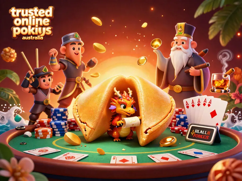 Experience trusted online pokies Australia through a vibrant 3D illustration showcasing dynamic casino elements and whimsical characters.