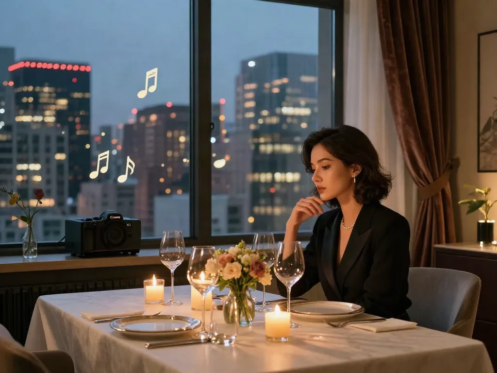 Elegant dining table setting featuring נערות ליווי, sophisticated atmosphere with city skyline view.