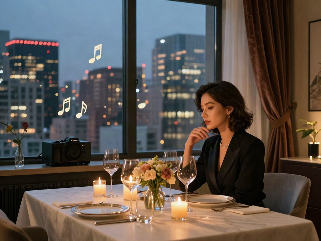 Elegant dining table setting featuring נערות ליווי, sophisticated atmosphere with city skyline view.