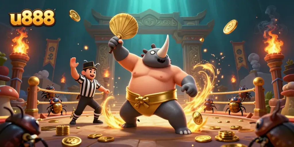 Experience thrilling gameplay with u888 as a beetle sumo champion stomps tons of coins while spectators cheer.