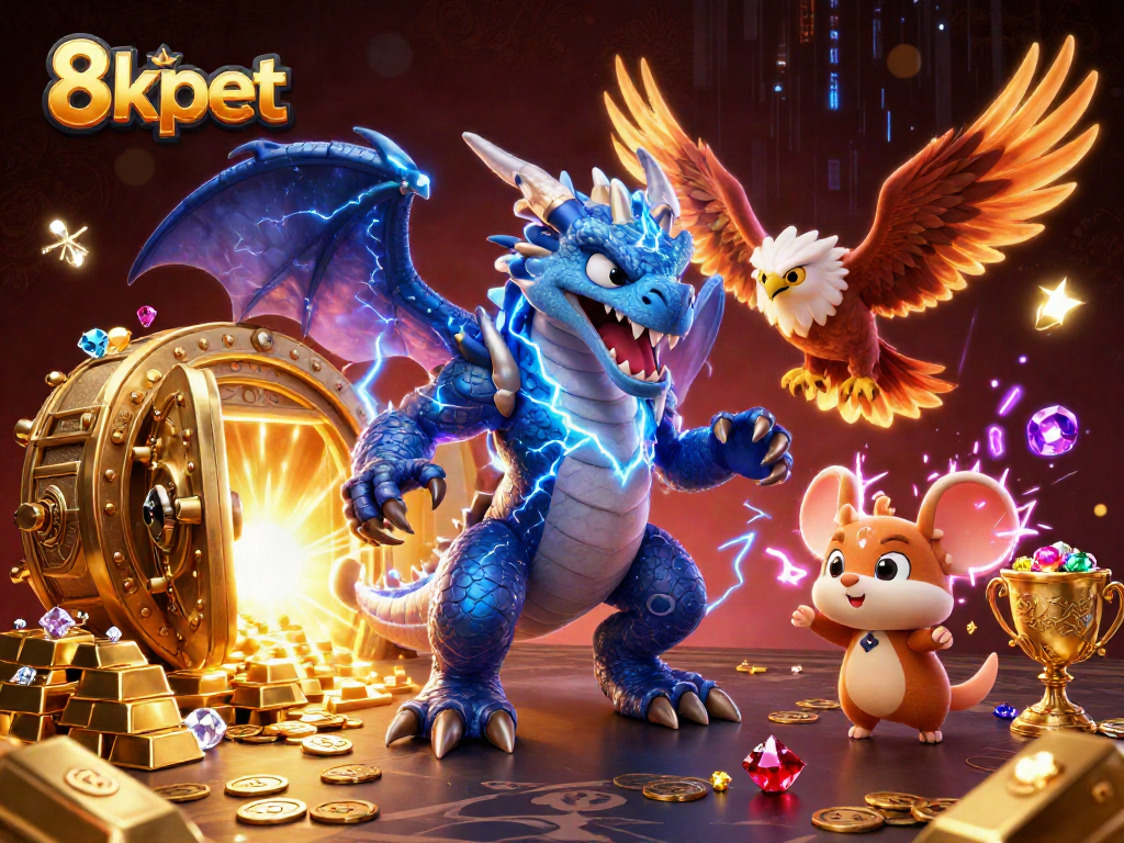Join the excitement with 8kbet as a thunder dragon, wind hawk, and thunder mouse illuminate a treasure-filled landscape.