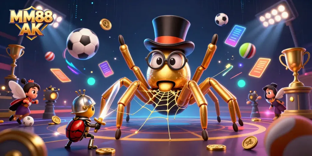 Engage in exciting gameplay at MM88 AK with vibrant illustrations of a golden tarantula and brave beetle knight.